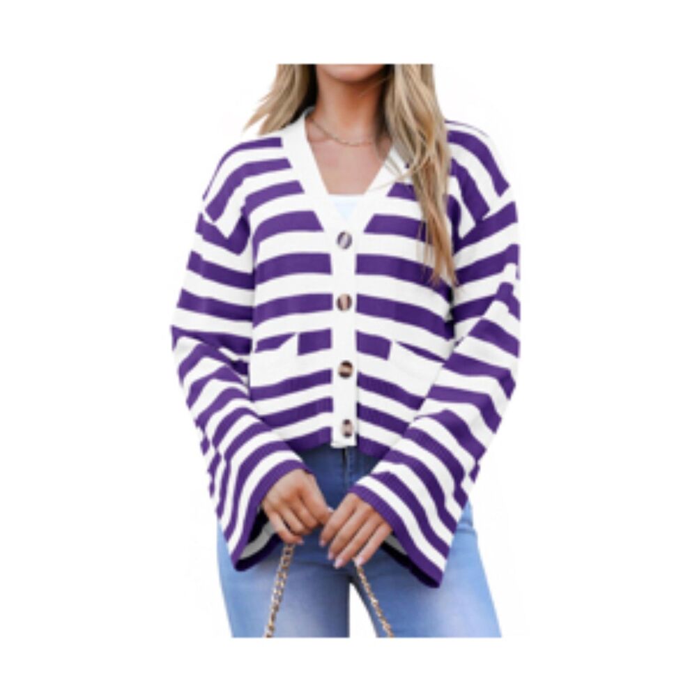 Striped Cardigan Sweater, Purple and White, LARGE, 1BB-137T005